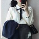 Bow Long-sleeve Collared Knit Top