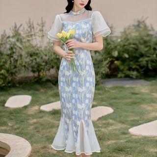 Mesh Panel Floral Midi Mermaid Dress