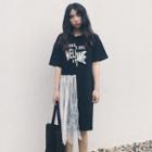 Print Short-sleeve Lace Panel T-shirt Dress