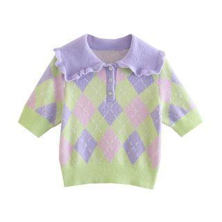 Short Sleeve Ruffled-trim Argyle Print Crop Sweater