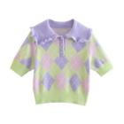 Short Sleeve Ruffled-trim Argyle Print Crop Sweater