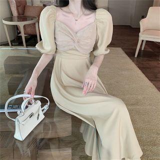 Short-sleeve Mesh Panel Twist Midi A-line Dress