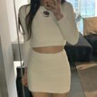 Set: Rugby Embroidered Sweater + Mini Pencil Skirt White - One Size