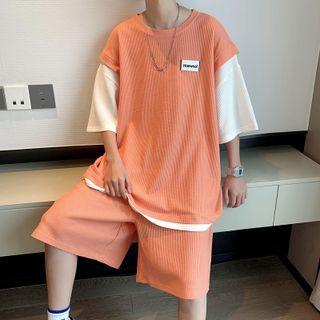 Set: Mock Two-piece Elbow-sleeve Lettering T-shirt + Wide Leg Shorts