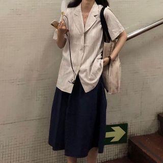 Striped Open-placket Button Shirt / Midi Dress