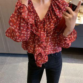 Floral Print Ruffle Chiffon Blouse Floral - Red - One Size