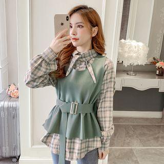 Long-sleeve Tie-waist Plaid Shirt + Tie Waist Vest