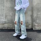 Distressed Zip Hem Loose Fit Jeans