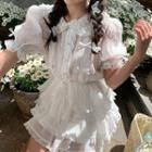 Set: Puff-sleeve Bow Blouse + A-line Layered Skirt