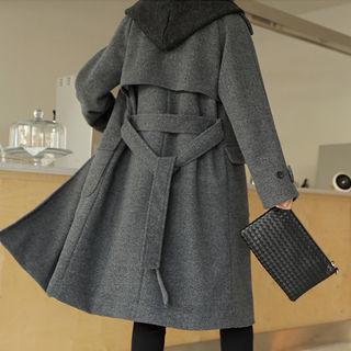 Detachable-hood Wool Blend Coat With Sash