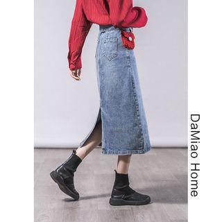 High-waist Denim Midi Skirt With Belt
