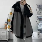 Smiley Face Print Color Block Hooded Jacket