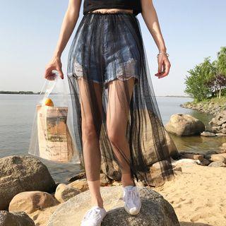 Set: Distressed Denim Shorts + Midi Mesh Skirt