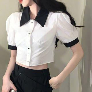 Short-sleeve Two-tone Crop Shirt