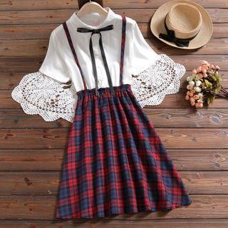 Short-sleeve Mock Two-piece Plaid Midi Dress