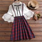 Short-sleeve Mock Two-piece Plaid Midi Dress