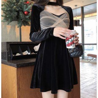 Mesh-panel Velvet Halter Mini Dress