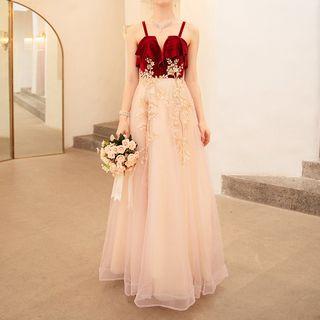 Leaf Spaghetti Strap A-line Evening Gown