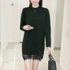 Long-sleeve Lace-panel Dress Black - One Size