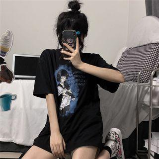 Elbow-sleeve Graphic Print T-shirt Graphic Print - Black - One Size