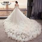 Off Shoulder Feather Detail Wedding Ball Gown With Train