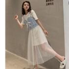 Set: Short-sleeve T-shirt Dress + Spaghetti Strap Maxi Mesh Dress