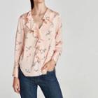Long-sleeved Floral Print Animal Open-front Blouse
