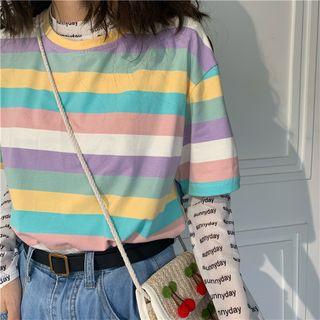 Short-sleeve Striped T-shirt / Long-sleeve Lettering Printed T-shirt