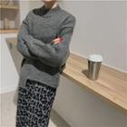 Asymmetrical Mock Neck Sweater / Leopard Print A-line Midi Skirt