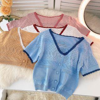V-neck Color Panel Trim Pointelle-knit Short-sleeve Top