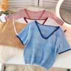 V-neck Color Panel Trim Pointelle-knit Short-sleeve Top