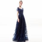Embroidered Mesh Panel Sequined A-line Evening Gown