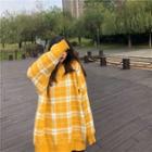 Long-sleeve Plaid Knit Sweater Yellow - One Size