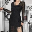 Long-sleeve Spiderweb Mesh Tie-waist Midi A-line Dress