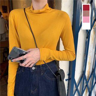 Plain Round-neck / Turtle-neck Long-sleeve Slim-fit Top