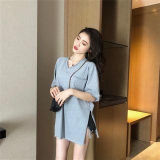 V Collar Splited Short-sleeved Top