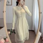 Long-sleeve Knit A-line Floral Lace Overlay Dress