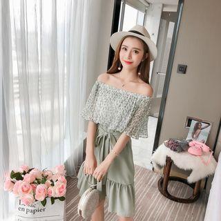 Mock Two-piece Elbow-sleeve Off Shoulder Dress