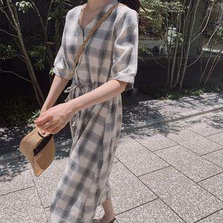 Plaid Short-sleeve Button V-neck Midi A-line Dress
