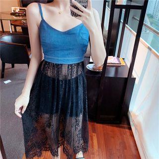 Spaghetti Strap Lace Panel Midi Dress Black - One Size