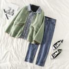 Mock-two Fleece Loose-fit Denim Jacket / Frayed Jeans