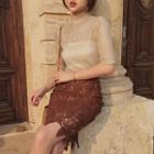 Glittered Mock Neck Short Sleeve Top