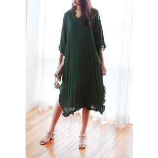 3/4-sleeve Frill-trim Dotted Midi Dress