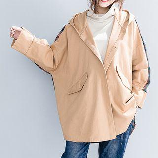 Hooded Plaid Panel Trench Jacket Khaki - One Size