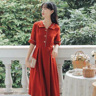 Short-sleeve Collared Gathered-waist Dress