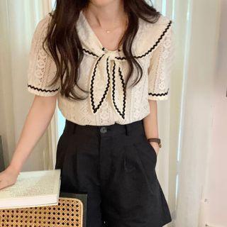Short-sleeve Sailor Collar Shirt Almond - One Size