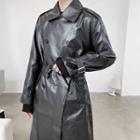 Double-breasted Faux-leather Long Coat With Sash