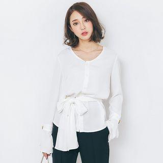 Button-down V-neck Top With Sash