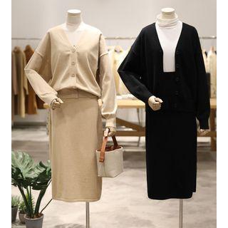 V-neck Knit Cardigan + Midi Skirt