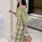 3/4-sleeve Top / Plaid Midi Pencil Skirt